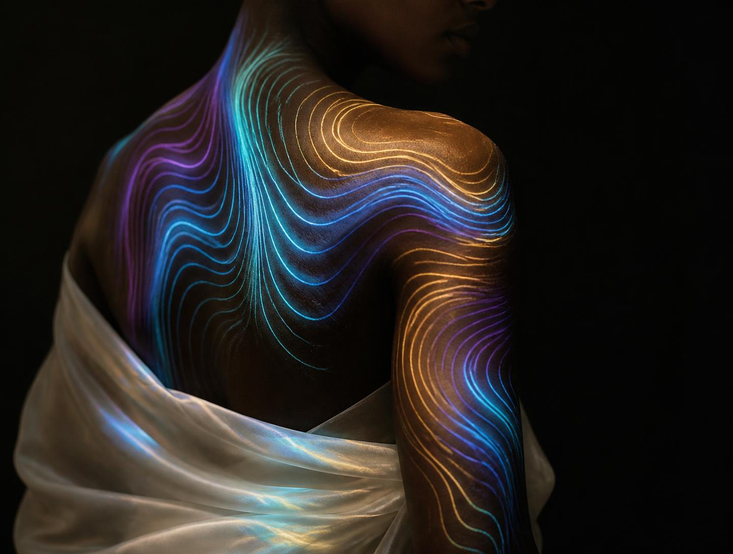 Flowing cyan, violet and gold light lines projected across a shoulder draped in ivory cloth