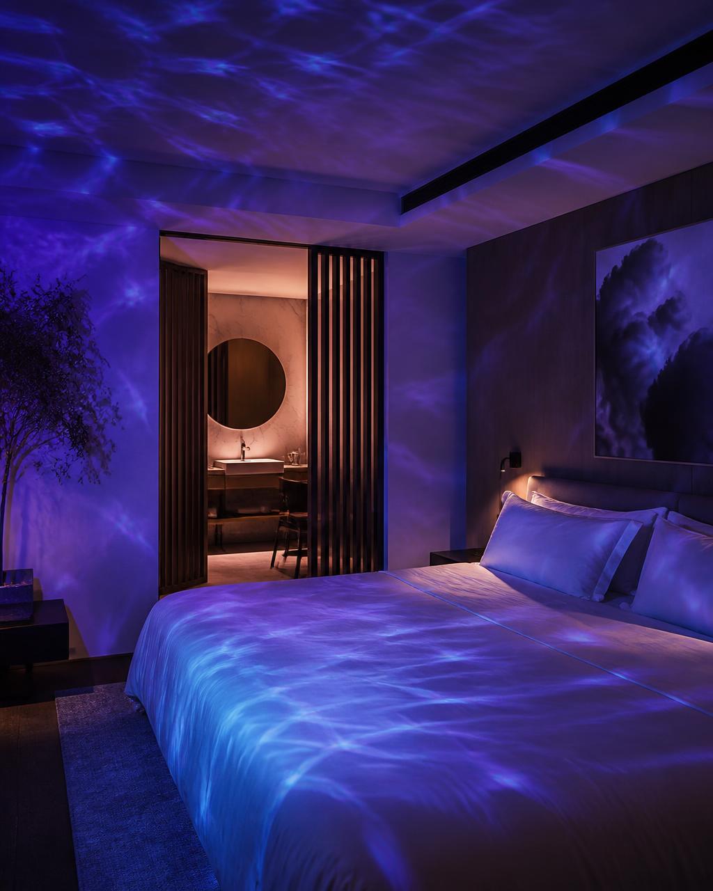 A bed and headboard washed in violet, cyan and magenta cellular projection