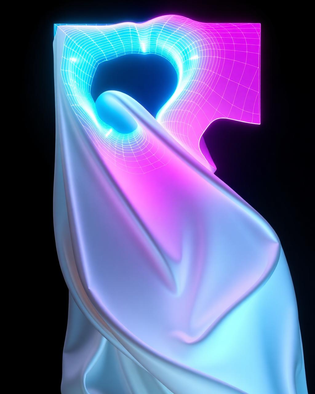 A glowing cellular grid pattern mapped across a seated figure's back and the wall behind