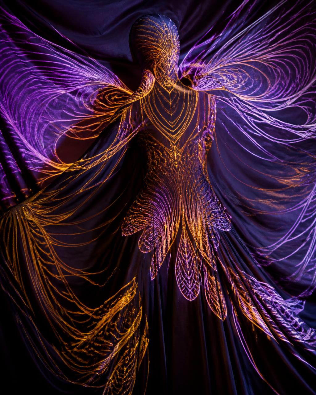 Neon magenta contour lines drawing a reclining form out of near-total darkness