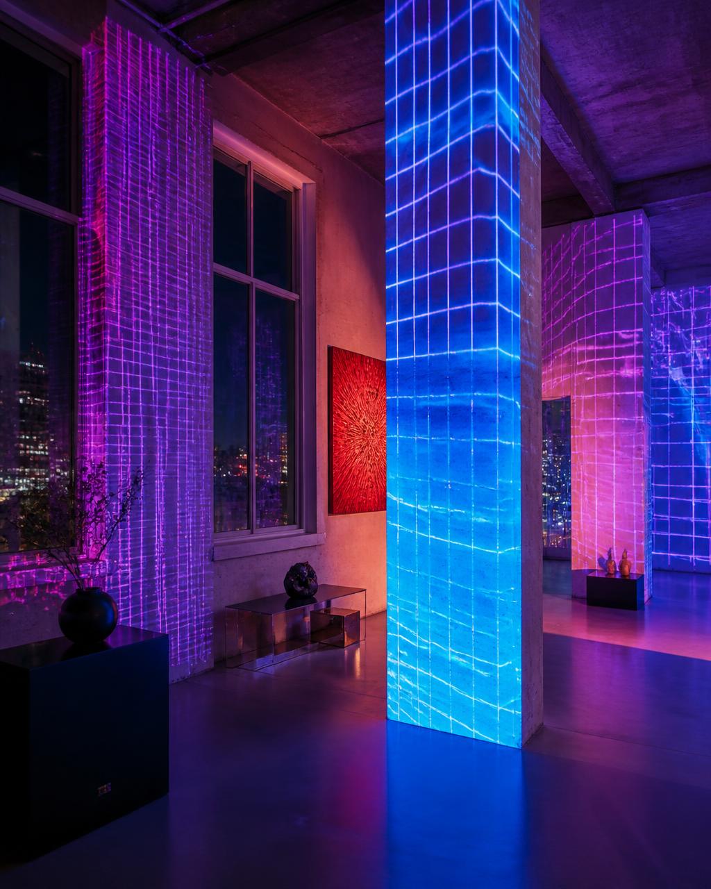 Acid green and cyan cellular grid mapped across a large surface in a dark room